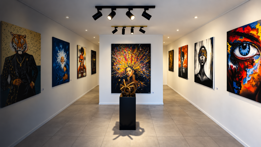 Gallery interior with central sculpture 1
