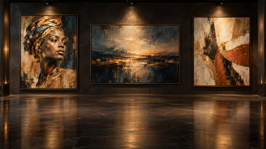 Signature Paintings in Charcoal and Gold