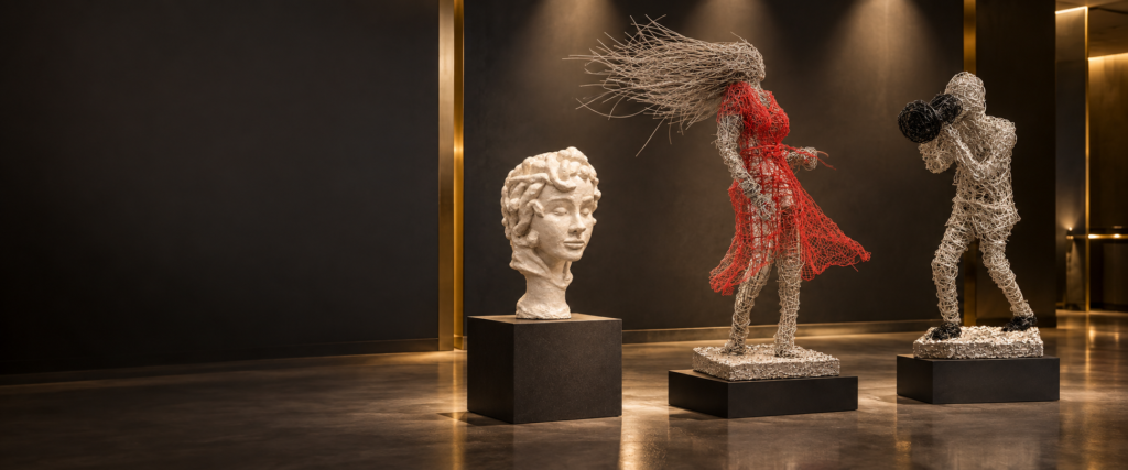 Three Sculptures in a Charcoal Gallery
